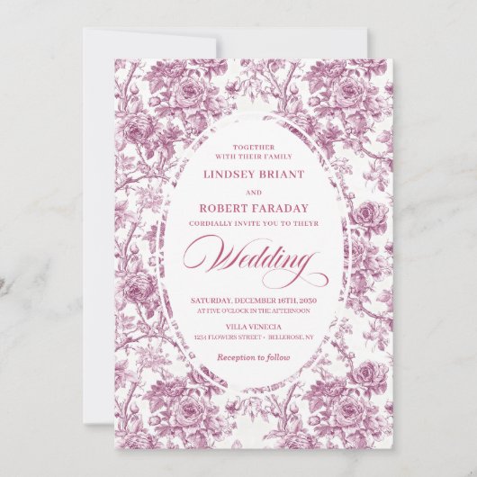 Elegant French Toile Rose Pattern Wedding Invite 招待状 (正面)