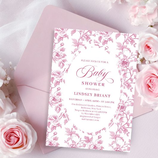 Elegant French Toile Roses Pink Baby Shower Invite 招待状