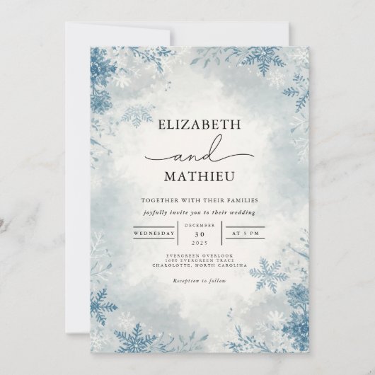 Elegant Frost Blue Winter Botanical Wedding 招待状 (正面)