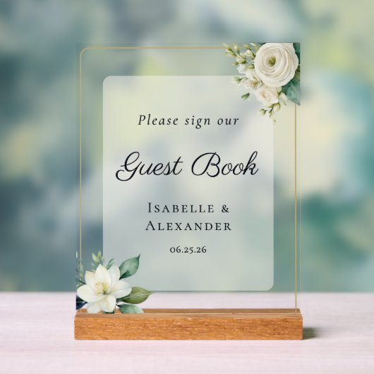 Elegant Frosted Botanical Wedding Guest Book アクリルサイン (ニュートラル)