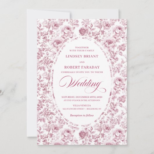 Elegant Fuchsia Dusty Pink Toile Roses Wedding   招待状 (正面)
