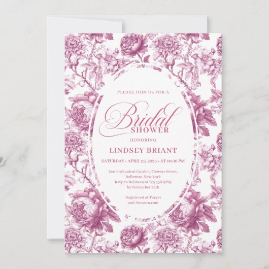 Elegant Fuchsia Pink Roses Pattern Bridal Shower  招待状 (正面)