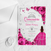 Elegant Fuchsia Pink Roses Silver Quinceanera  アクリル招待状