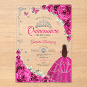 Elegant Fuchsia Pink Roses Silver Quinceanera  アクリル招待状 (正面)