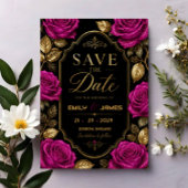 Elegant Fuchsia Rose and Gold Luxury Black Floral セーブザデート