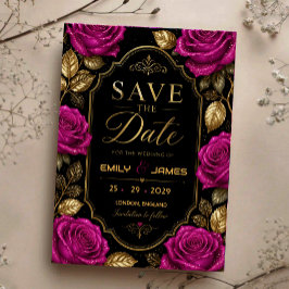 Elegant Fuchsia Rose and Gold Luxury Black Floral セーブザデート