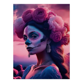 Elegant Fuchsia Roses Day of the Dead Catrina ポスター