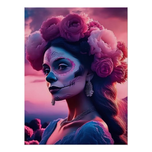 Elegant Fuchsia Roses Day of the Dead Catrina ポスター (正面)