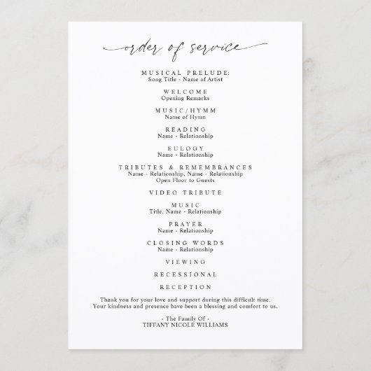 Elegant Funeral Celebration of Life Photo Script プログラム (裏面)