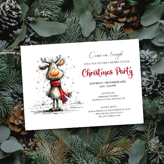 Elegant funny reindeer Christmas party invitation 招待状