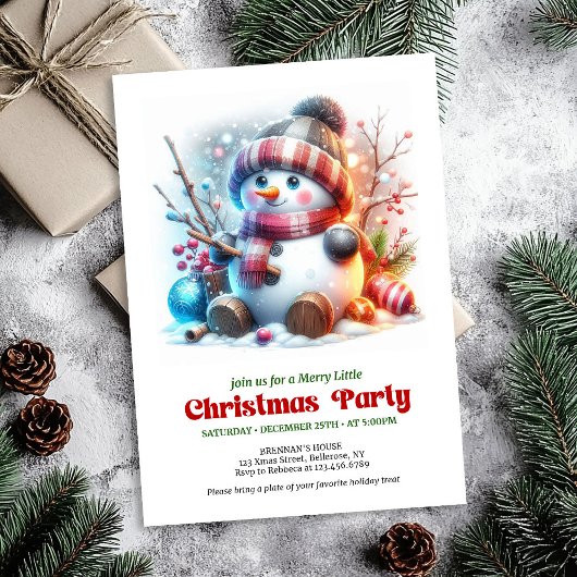 Elegant funny snowman holiday invite red green  招待状