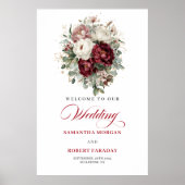 Elegant Garden Burgundy Flowers Gold Welcome Sign ポスター (正面)