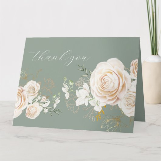 Elegant Garden Roses Sage Green Gold Wedding サンキューカード (正面)