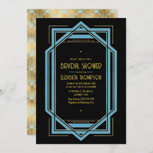 Elegant Gatsby Art Deco Blue & Gold Bridal Shower 招待状 (正面/裏面)
