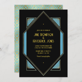 Elegant Gatsby Art Deco Blue & Gold Wedding Photo 招待状