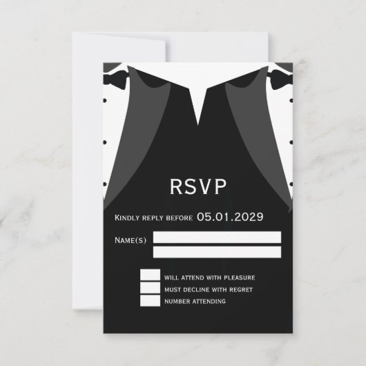 Elegant Gay Wedding RSVP Card Black Tie (正面)