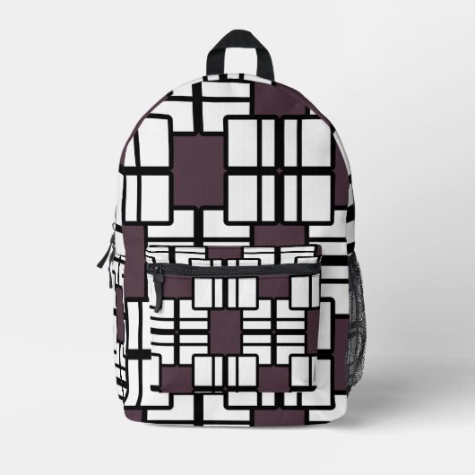 Elegant Geometric Deep Mauve Black White Backpack プリントバックパック (正面)