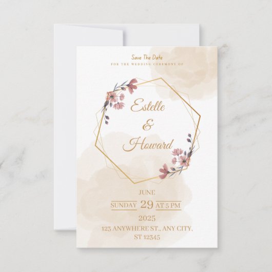 Elegant Geometric Floral Save The Date Card サンキューカード (正面)