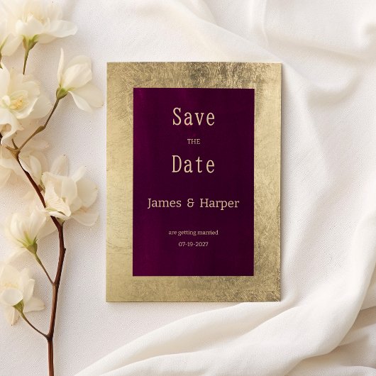 Elegant geometric gold burgundy Save the Date 招待状