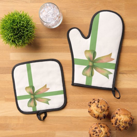 Elegant Gift Bow – Modern Christmas Design 鍋つかみ&鍋敷きセット (トップダウン)
