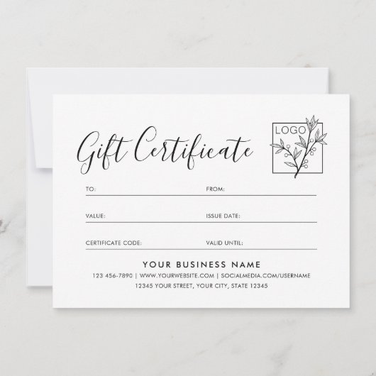 Elegant Gift Certificate Custom Logo Script Black (裏面)