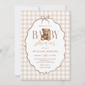 Elegant Gingham Teddy Bear Baby Shower 招待状 (正面)