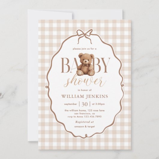 Elegant Gingham Teddy Bear Baby Shower 招待状 (正面)