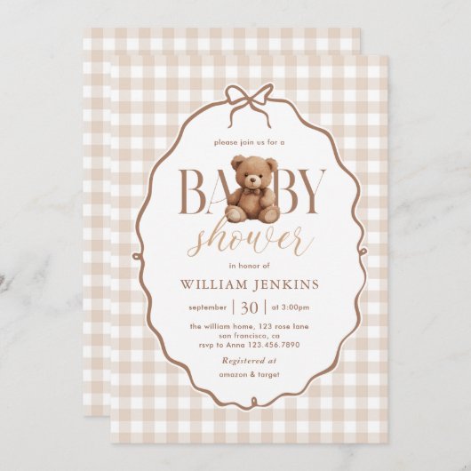 Elegant Gingham Teddy Bear Baby Shower 招待状 (正面/裏面)