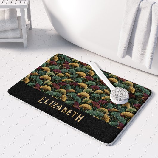 Elegant Ginkgo Pattern Monogram Name Jewel Tones バスマット