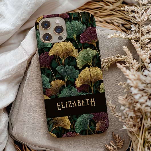 Elegant Ginkgo Pattern Monogram Name Jewel Tones Case-Mate iPhoneケース