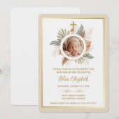 Elegant Girl Baptism Greenery Cross Photo  Invitat 招待状 (正面/裏面)