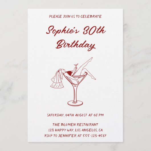 Elegant Girly Martini Red Cocktail 30th Birthday  招待状 (正面)