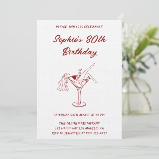 Elegant Girly Martini Red Cocktail 30th Birthday  招待状 (スタンド正面)