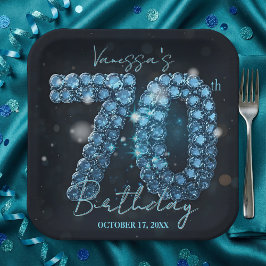 Elegant Glam Chic Teal Blue Jewels 70th Birthday ペーパープレート