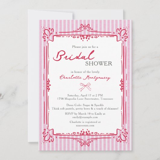 Elegant Glam Frame & Pink Stripes Bridal Shower 招待状 (正面)