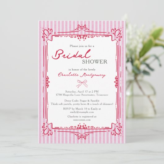 Elegant Glam Frame & Pink Stripes Bridal Shower 招待状 (スタンド正面)