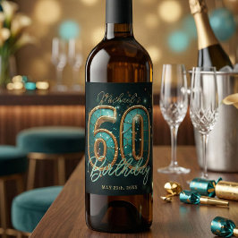 Elegant Glam Teal Gold 60th Milestone Birthday ワインラベル