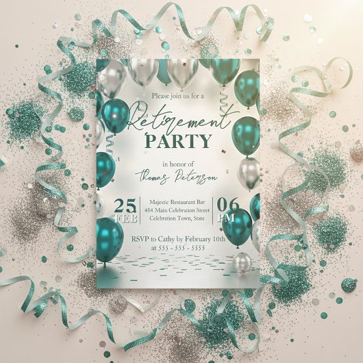 Elegant Glam Teal Silver Balloons Retirement Party 招待状