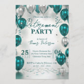 Elegant Glam Teal Silver Balloons Retirement Party 招待状 (正面)