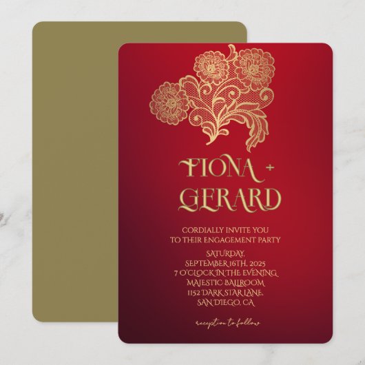 Elegant Glamor Lace Engagement Party Invitation 招待状 (正面/裏面)