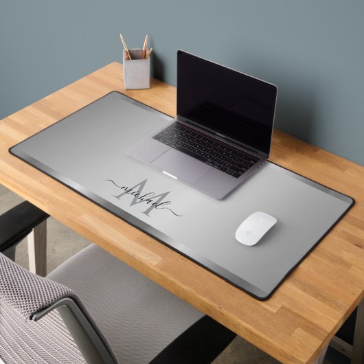 Elegant Glamorous Silver Custom Name Monogram デスクマット (オフィス2)