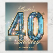Elegant Glamorous Teal Gold Crystal 40th Birthday ワインラベル (シングルラベル)