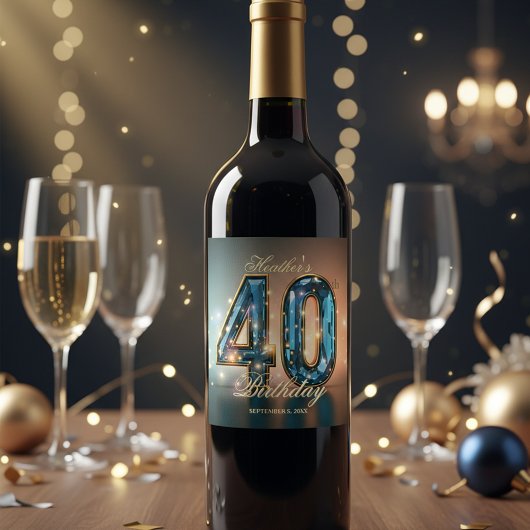 Elegant Glamorous Teal Gold Crystal 40th Birthday ワインラベル