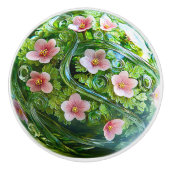 Elegant Glass Orb Pink Flowers Greenery  セラミックノブ (正面)