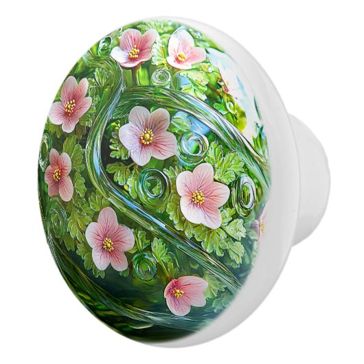Elegant Glass Orb Pink Flowers Greenery  セラミックノブ (右)