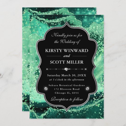 Elegant Glitter Agate Green & Silver Wedding 招待状 (正面/裏面)