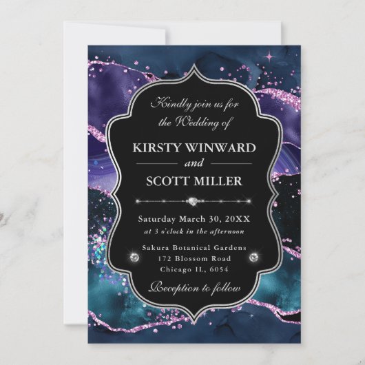 Elegant Glitter Agate Pink & Purple Wedding 招待状 (正面)