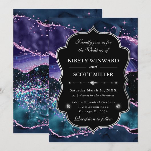 Elegant Glitter Agate Pink & Purple Wedding 招待状 (正面/裏面)
