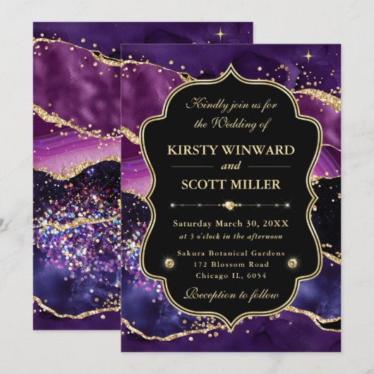 Elegant Glitter Agate Purple Gold Accents Wedding 招待状 (正面/裏面)