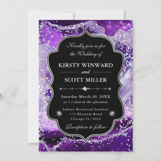 Elegant Glitter Agate Purple & Silver Wedding 招待状 (正面)